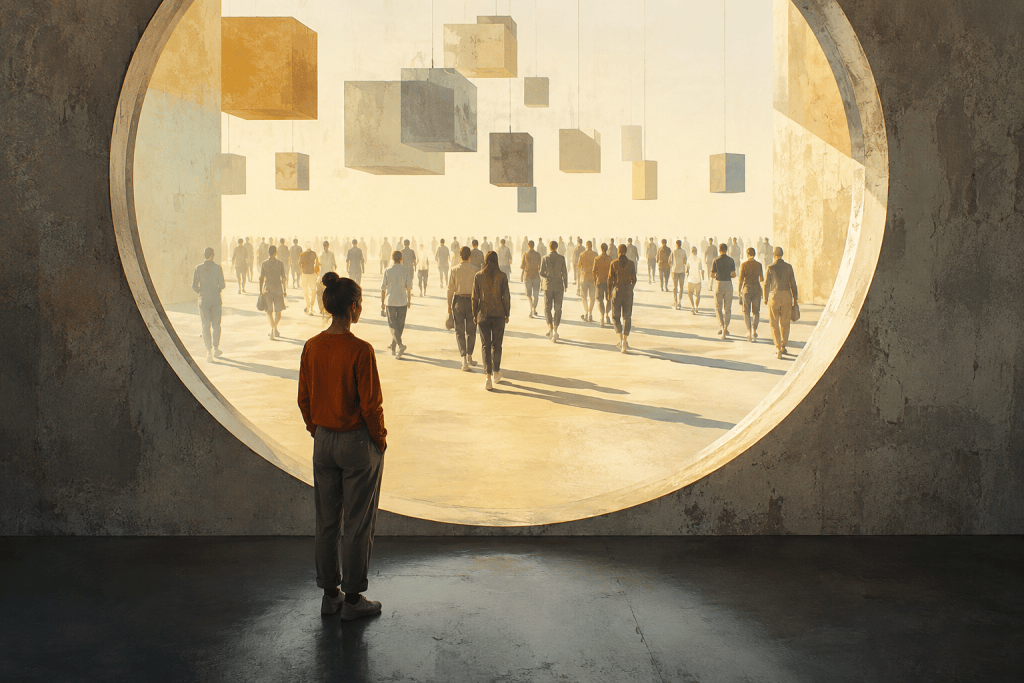 A person stands before a large circular opening, looking into a sunlit gathering of people beneath suspended geometric forms, suggesting reflection on belonging, community, and membership.